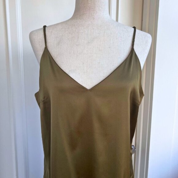 THE DROP Dark Olive Ana Silky V-Neck Midi Slip Dress Size L - Picture 2 of 11